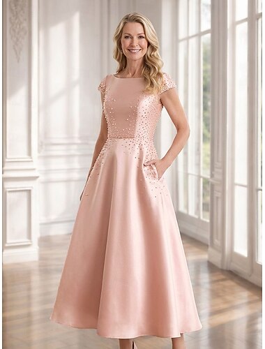  A-Linie Knöchellänge Abendkleid Brautmutterkleid Kurzarm U-Boot-Ausschnitt Elegant Vintage Verschönert Cocktail Formell Hochzeitsgast Satin mit Perlen