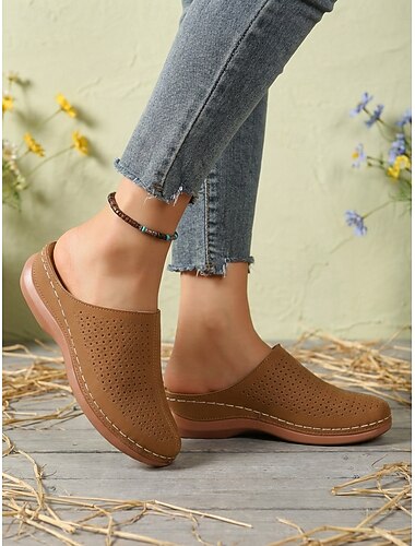  damskie perforowane klapki – białe buty ze sztucznej skóry z wygodnym obcasem do noszenia na co dzień, na niezobowiązujące wyjścia i do swobodnego letniego stylu