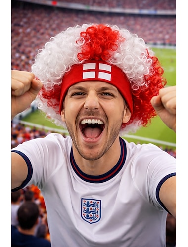  Perruque afro rouge et blanche de l'équipe d'Angleterre de cheerleading pour les événements sportifs