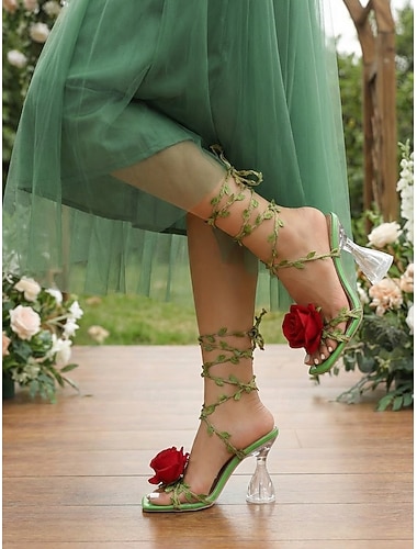  Grønne damesandaler med høy hæl og snøring, 3D-rosedetaljer, klar skulpturell hæl, elegante sko til bryllupsgjester i hagen &utendørs seremonier, fest &formelle arrangementer