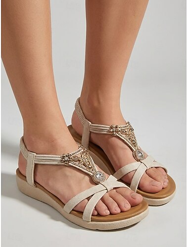  Elegante crèmekleurige damessandalen met T-bandje - comfortabele, bohemian platte schoenen met kristallen versieringen, perfect voor strandvakanties en zomerbruiloften. &buitencruises