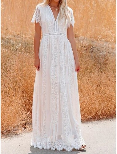  Damen Maxikleid Weißes Spitzenkleid Elegant Mode Modern Outdoor Urlaub Ausgehen Normale Passform Einfach Kurzarm V Ausschnitt Weiß Sommer Frühling