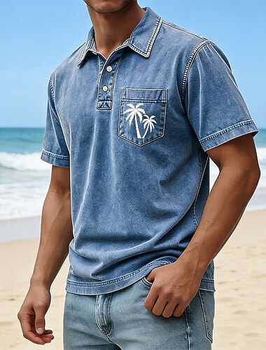  Herren Palme Acid-Wash-Shirt 100% Baumwolle Kurzarm Polo-Shirts Revers Hawaiianisch Lässig Athleisure Urlaubskleidung Tasche 3D-Druck Knöpfe Frühling & Sommer Blau Rote Grün