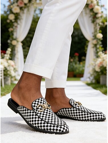  Męskie czarno-białe, w kratkę, ślubne mokasyny typu mule, wsuwane, z klamrą z kryształkami, dla pana młodego, drużbów, na wesele, wesele w ogrodzie, formalne stroje wieczorowe