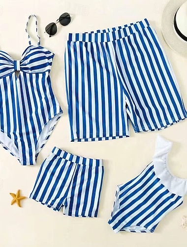  Famiglia Costume da bagno Tuta A righe Casuale Arricciato Blu Senza Maniche Attivo Abiti coordinati