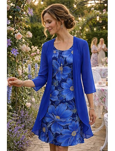  Per donna Insieme del vestito Abito a trapezio Elegante Vacanza Floreale Grafico Stratificato Stampato Abito Midi Manica 3/4 Girocollo Quotidiano Blu Rosa Estate Primavera Vestibilità regolare