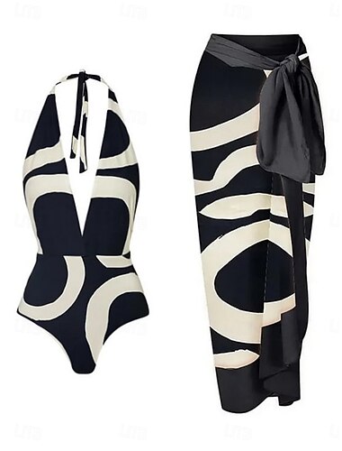  Dames Zwemkleding Een stukje Monokini Rok Zwempak Buikcontrole Hoge taille Slank Blote rug Vakantie Strand Kleding Geometrisch Halternek Mouwloos Badpakken