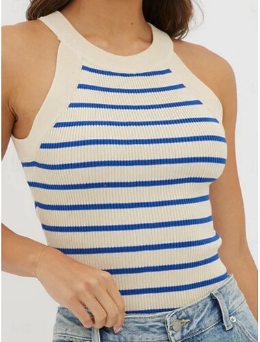  Dames Singlet Gestreept Modieus Stijlvol Klassiek Mouwloos Strakke ronde hals Croptops Dagelijks Uitgaan Weekend blauw Zwart en wit Zwart Bruin Groen Zomer Lente