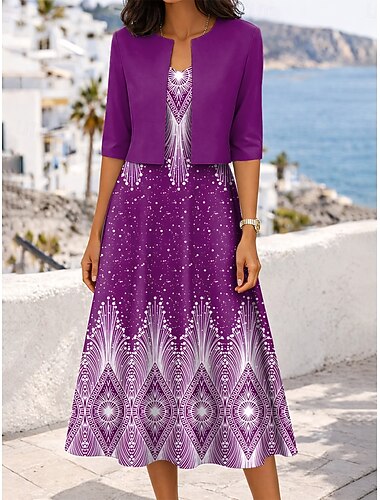  Damen Kleid-Set A Linie Kleid Elegant Lässig Grafik Geometrisch Geschichtet Druck Midikleid Halbarm V Ausschnitt Täglich Blau Rote Purpur Sommer Frühling Normale Passform