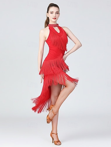  Dámské červené taneční šaty bez rukávů s asymetrickými třásněmi