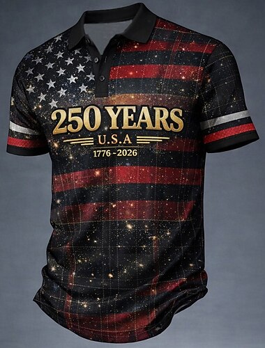  4 يوليو 2026، الذكرى 250 رجالي علم الولايات المتحدة الأمريكية قمصان البولو كم قصير قمصان البولو Lapel كاجوال ملابس الرياضة مناسب للبس اليومي ملابس المهرجان طباعة ثلاثية الأبعاد Buttons للربيع والصيف