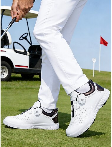  Heren golfschoenen, wit kunstleer, lichtgewicht, ademend, duurzame grip, ideaal voor golfbanen, buitensporten en vrijetijdskleding.