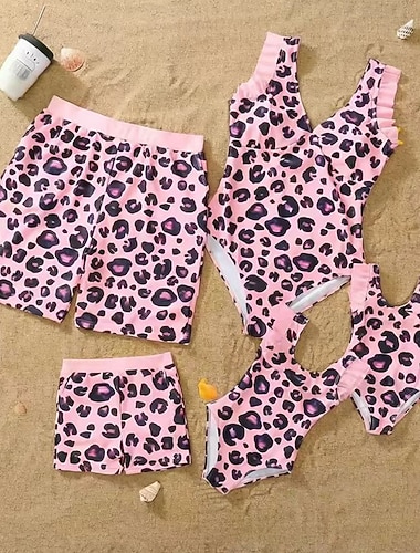  Famiglia Costume da bagno Tuta Leopardo Casuale Arricciato Rosa Senza Maniche Attivo Abiti coordinati