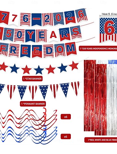  Az amerikai függetlenség 250. évfordulójának díszes transzparenskészlete, amely 24 transzparenst, 10 zászlót, 8 szalagot, 12 spirált és 2 tüll függönyt tartalmaz. &1 terítő, ideális függetlenség napi