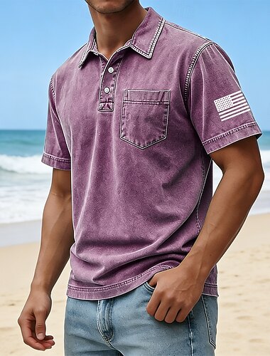  Voor heren Amerikaanse Amerikaanse vlag Acid Wash-shirt 100% Katoen Korte mouw Poloshirt Revers Hawaii Casual Sportkleding Vakantiekleding Zak 3D-afdrukken Knop Lente zomer blauw Rood Groen