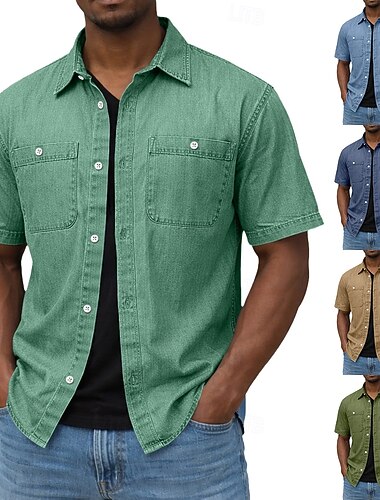  Herren Hemd Freizeithemd Knopfhemd Hemd aus 100 % Baumwolle in Säurewaschung Schwarz Weiß Burgunderrot Marineblau Purpur Kurzarm Einfach Hemdkragen Lässig Täglich Fronttasche Bekleidung Elegant Mode