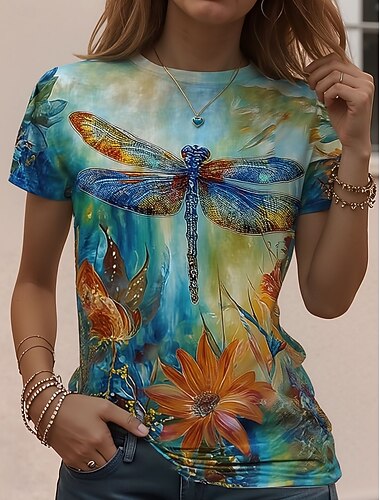  Dames T-shirt Afdrukken Grafisch dier Vintage Stijlvol Klassiek Korte mouw Strakke ronde hals Ronde hals Normale tops Dagelijks Weekend Lichtgroen Groen Regenboog Zomer Lente