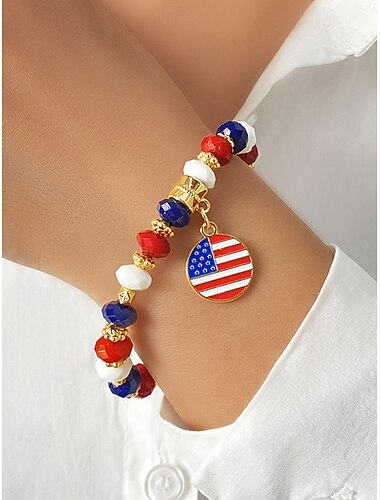  Patriottische bedelarmband voor dames van legering en acryl, elastische kralenarmband met verschillende hangers, perfect voor de viering van 250 jaar Amerika, Onafhankelijkheidsdag en dagelijks gebruik.