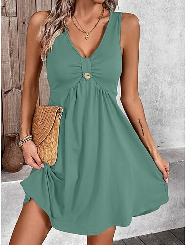  Femmes Mini Robe Robe trapèze Robe d'été Occasionnel Quotidien Coupe régulière Uni Sans manches Col en V Bleu Noir Vert Gris Été