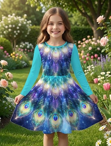  FILLE 3D Graphique Paon Robe manche longue Impression 3D Printemps Automne Quotidien Vacances Soirée Occasionnel Princesse Beau Enfants 4-12 ans Robe Décontractée Robe trapèze Mi-long Coupe régulière