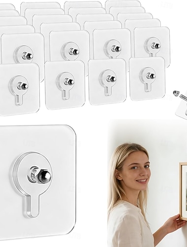  24 Stück selbstklebende Schraubhaken ohne Bohren – starke Haftung, kein Bohren erforderlich – für Bilderrahmen, unsichtbare Aufhängehaken für Fotos, Hochzeitsbilder und Wanddekoration.
