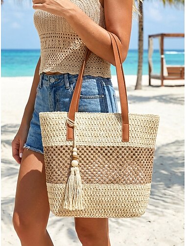  Damestas van geweven stro, grote inhoud met kwastje, verkrijgbaar in meerdere kleuren, stijlvolle casual strand- en reistas voor dagelijks gebruik.