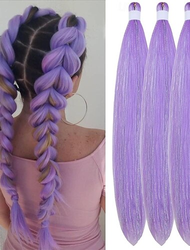  Extensiones de cabello trenzado morado preestirado con oropel lavanda para trenzas con brillo, trenzas de festival y cosplay.