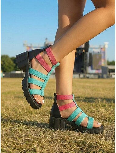  Sandales compensées bohèmes pour femmes, idéales pour les festivals de musique : chaussures gladiateur colorées à brides multiples, parfaites pour Coachella et les concerts d'été. &tenues de rave en