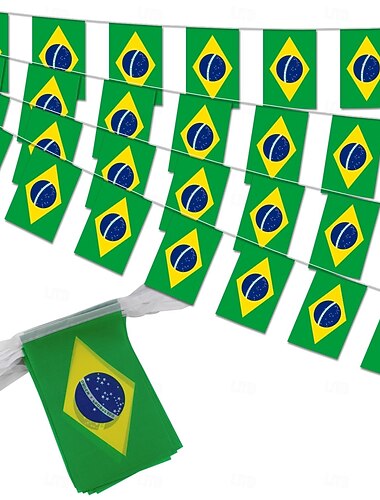  Wimpelkette mit brasilianischen Flaggen für die Fußball-Weltmeisterschaft (50 Flaggen), 14 Meter lange Mini-Wimpelkette mit brasilianischen Flaggen für Dekorationen im ländlichen Raum, Schulen, Partys