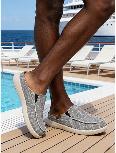  herre grå slip-on-sko i lerret – komfortable, avslappede loafers, øy- og cruise-, strand-, reise- og feriestedsko