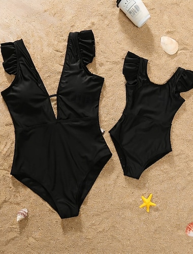  Mamma e io Costume da bagno Tuta Tinta unica Casuale Arricciato Nero Rosa Senza Maniche Attivo Abiti coordinati