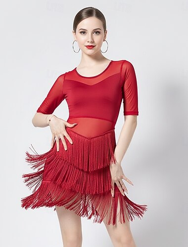  Robe de danse rouge à franges en patchwork de maille pour femme