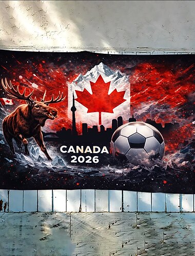  Bandiera del Canada 2026 - raffigurante un maestoso alce, l'iconica foglia d'acero e un pallone da calcio. &paesaggio urbano, opere d'arte suggestive, tessuto di qualità