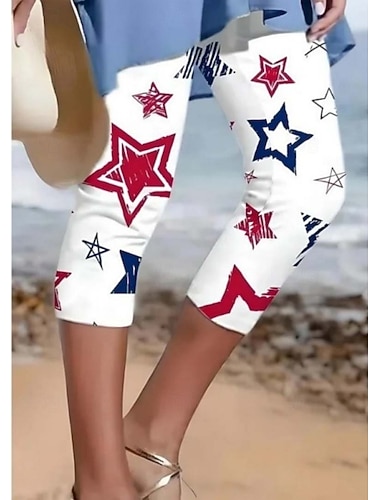  Calças legging capri femininas para o Dia da Independência, estilo vintage, comprimento até a panturrilha, cintura alta, estampa gráfica da bandeira americana e estrelas, confortáveis, macias,