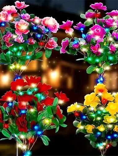  Lot de 2 lampes LED solaires étanches en forme d'azalées, neuves, pour éclairage paysager extérieur (pelouse, terrasse, jardin, allée).