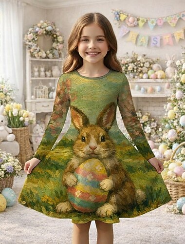  Ostern Mädchen' 3D Grafik Kaninchen Kleid Langarm 3D-Druck Frühling Herbst Täglich Urlaub Party Lässig Prinzessin Schön Kinder 4-12 Jahre Freizeitkleid A Linie Kleid Knielang Normale Passform