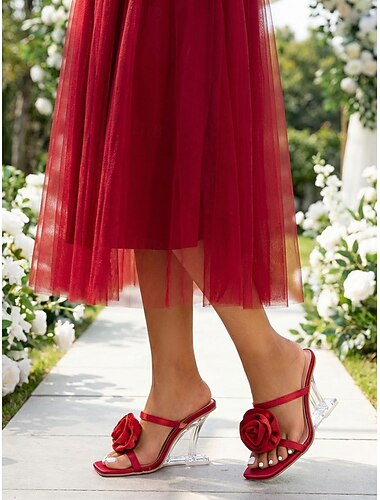  damesandaler med rød rosepynt og gjennomsiktig hæl, elegante sko til bryllupsgjester til hagebryllup, kjolehæler med åpen tå og skulpturert gjennomsiktig hæl til sommerfester &utendørsarrangementer