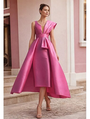  Zweiteilig A-Linie Tee-Länge Cocktailkleider Elegant Halbformelle Kleider Ärmellos V Ausschnitt Gartenparty Hochzeit Satin mit Schleife(n) Falten