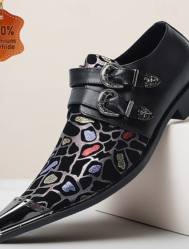  Herresko i svart skinn med dobbel munkreim og fargerikt leopardmønster – luksuriøst fottøy til bryllup og formelle seremonier