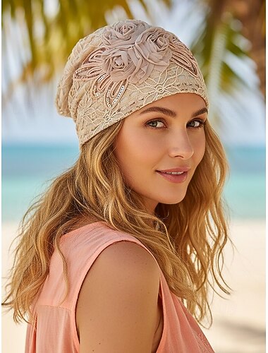  Cappello da donna in pizzo boho, poliestere leggero e traspirante, multicolore, con decorazioni floreali 3D, elegante per le vacanze e abbigliamento casual, perfetto per i viaggi e per gli outfit di tutti i giorni