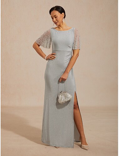  Femmes Robe maxi Robe trapèze Élégant Soirée Embelli Coupe régulière Couleur Unie Manche Courte Col ras du cou Bleu Poudré
