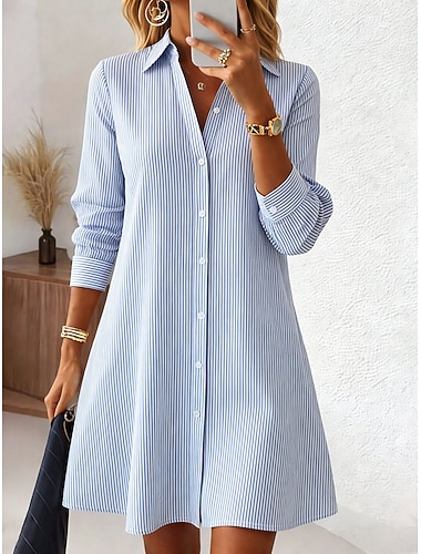  בגדי ריקוד נשים שמלה באורך הברך שמלת חולצה חופשה יום הולדת יום יומי חוף רגיל גראפי פס שרוול ארוך דש פול שחור אודם קיץ אביב