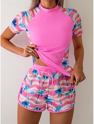  Damen Badeanzug Tankini Zweiteilig Shorts Bademode Bauchkontrolle Hohe Taille Schlank Rückenfrei Urlaub Strandbekleidung Grafik Hoher Ausschnitt Kurze Ärmel Badeanzüge