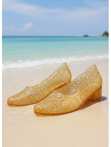  Escarpins jaune pailletés en gelée pour femmes - talons bas carrés ajourés et respirants avec paillettes, parfaits pour les vacances à la plage et les mariages d'été. &vêtements de station balnéaire