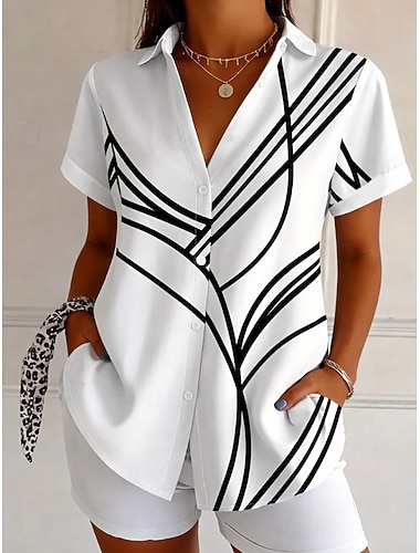  Dámské Košile Grafika Geometrický Vinobraní Denní stylové Krátký rukáv Košilový límec Běžné topy Denní Černobílá Černá Bílá Žlutá Světlá růžová Léto Jaro