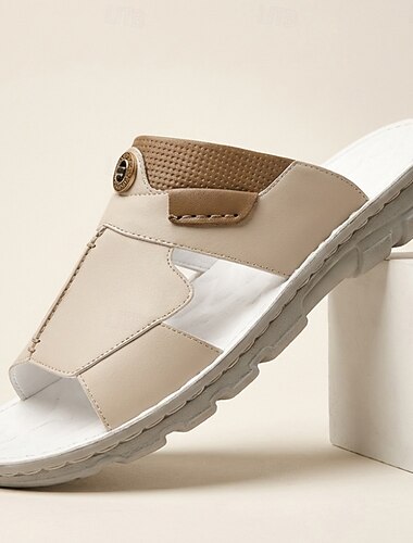  Beige en witte heren slippers met uitgesneden details, open teenslippers, comfortabele zomerschoenen voor strandvakantie, resort, reizen, thuisgebruik, buitenactiviteiten en een ontspannen zomerse stijl.