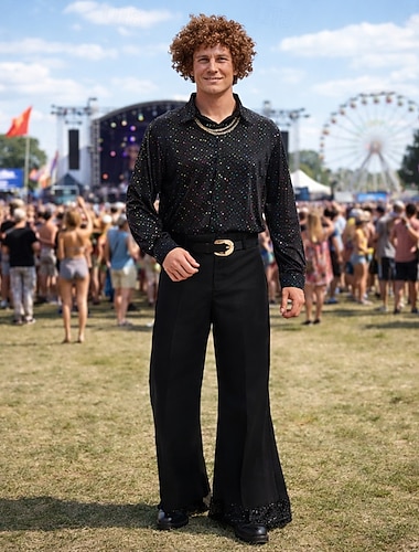  Set Rétro Vintage Années 1970 Blouse / Chemise Pantalon Manches longues Hippie Disco Déguisement Homme Halloween Carnaval Festival de Musique Soirée à thème rétro Adulte Chemise Pantalon