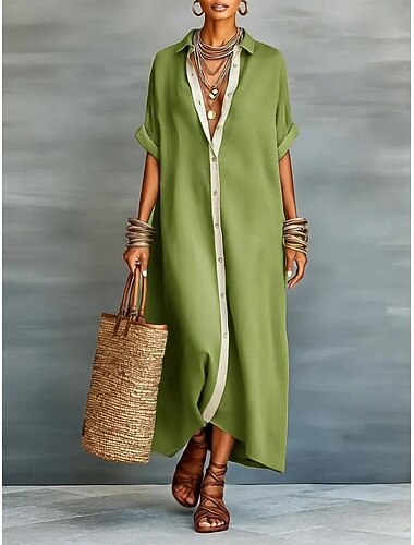  女性用 マキシドレス シャツドレス エレガント カジュアル パーティー ルーズフィット 平織り 半袖 シャツカラー ブルー ブラック ピンク グリーン 夏 春