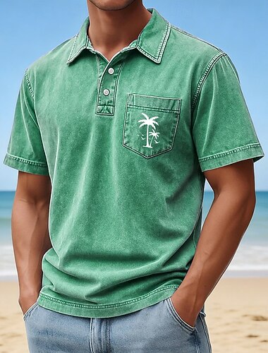  Herren Palme Acid-Wash-Shirt 100% Baumwolle Kurzarm Polo-Shirts Revers Hawaiianisch Lässig Athleisure Urlaubskleidung Tasche 3D-Druck Knöpfe Frühling & Sommer Blau Rote Grün