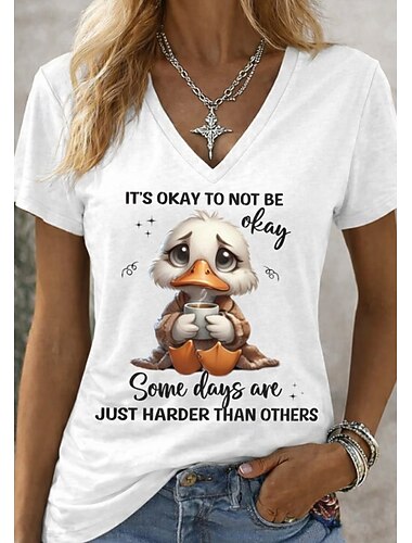  Dames T-shirt met grappige citaten, 3D-print, dierenprint en lettermotief, casual, korte mouwen, V-hals, normale tops, geschikt voor dagelijks gebruik, uitgaan, weekend, wit, grijs, wit, maat 2,